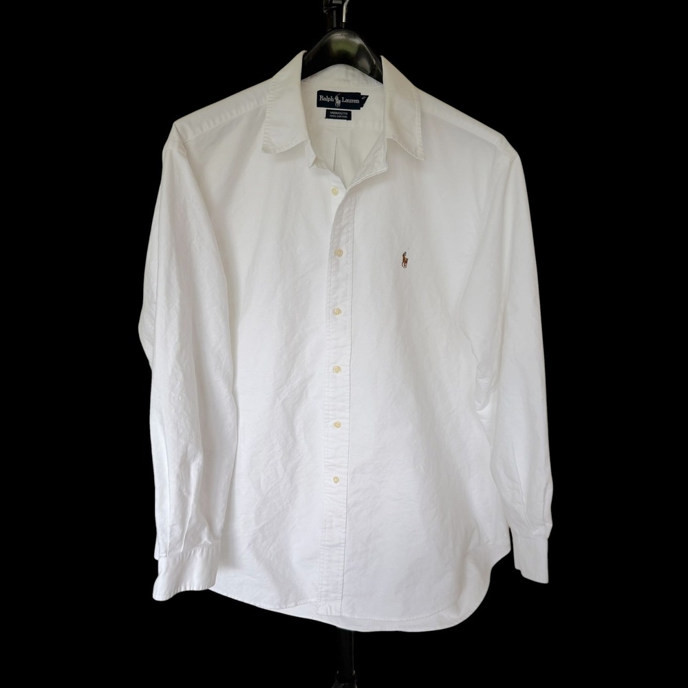 Ralph Lauren Yarmouth Shirt Sz 17 34 White Cotton Long Sleeve Button Down Pony
